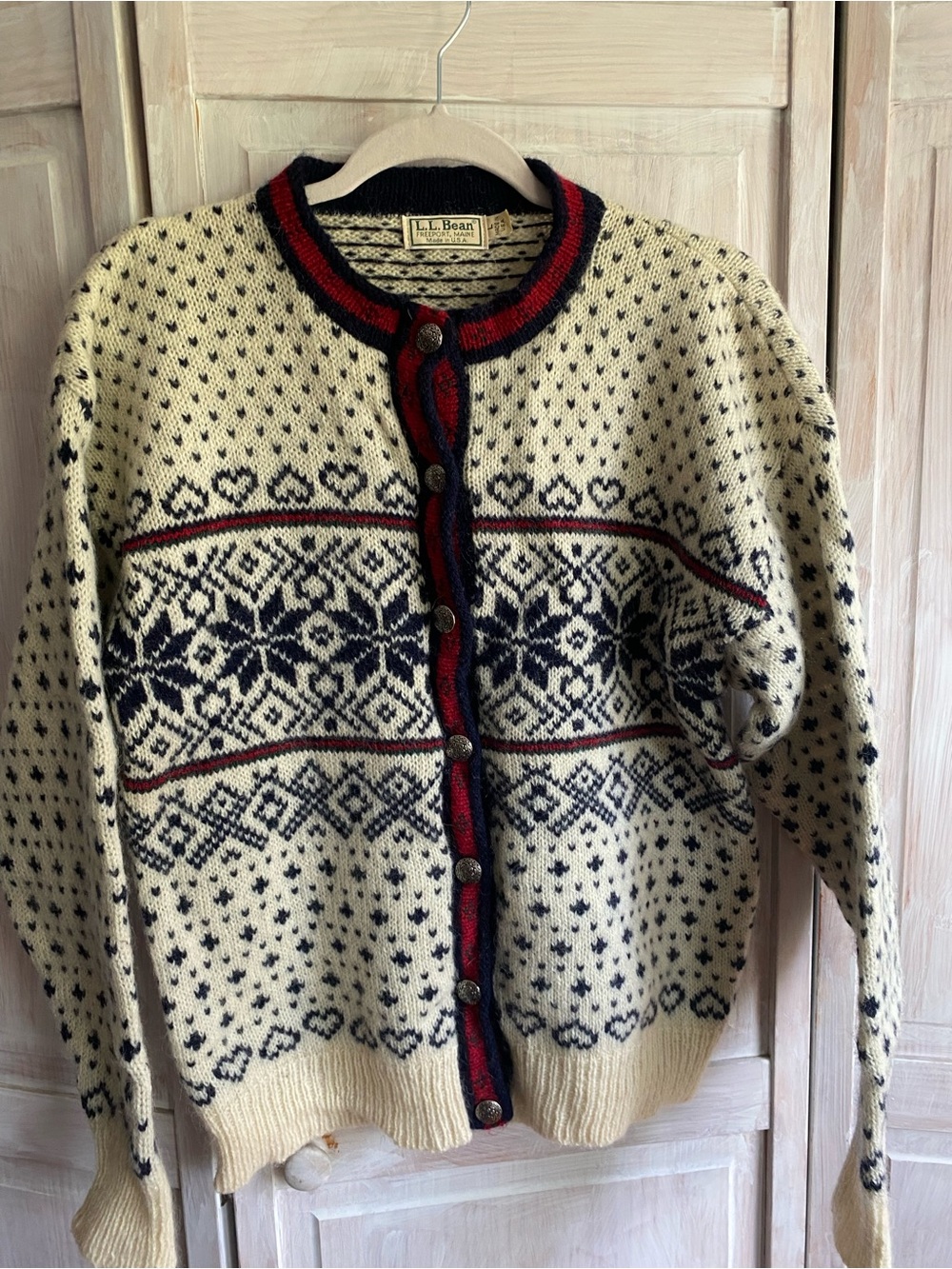 L.L. Bean Cream, Navy & Red Nordic Wool Cardigan